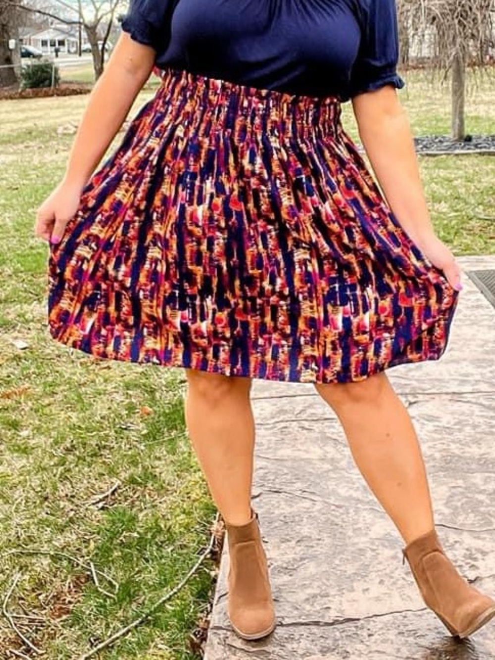 Abstract Print Ruffle Smocked Waist  Skirt - Navy Multicolor